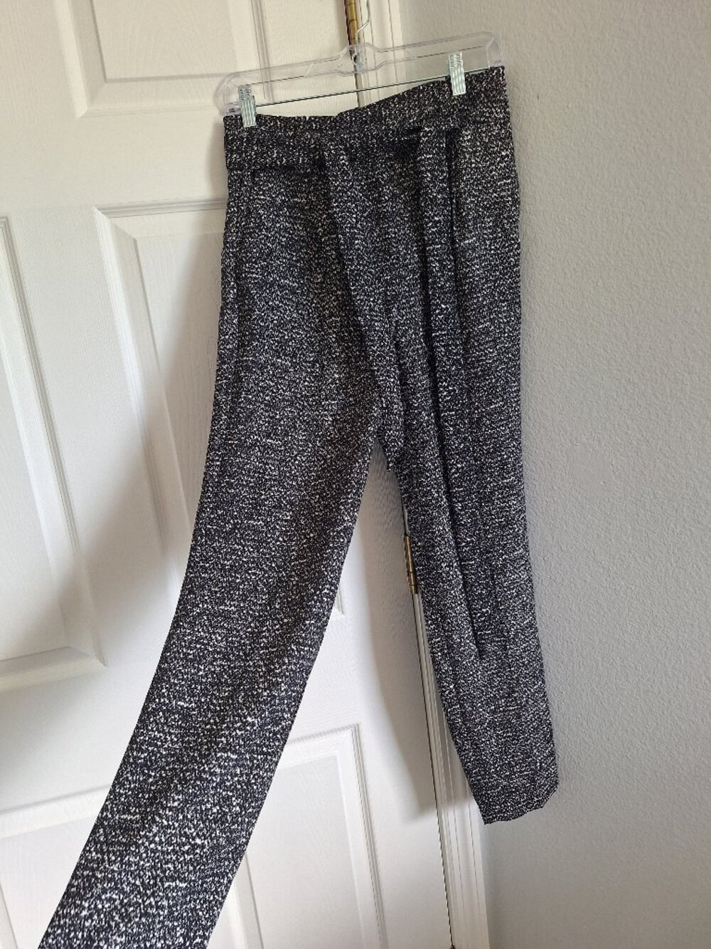Express High Waisted Paperbag Trousers Tweed Print Tie Waist Black White